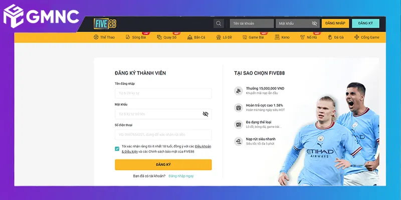 Form đăng ký tài khoản FIVE88 trực quan