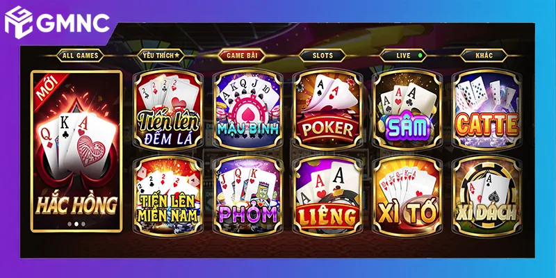 Giao diện chọn game bài trên nền tảng