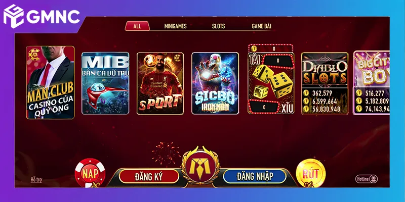 Giao diện trang chủ ManClub với đầy đủ trò chơi
