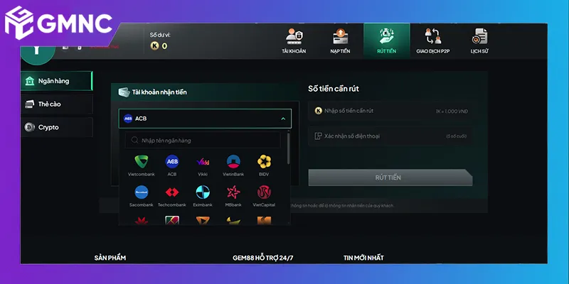 Kết nối tài khoản ngân hàng cá nhân với hệ thống GEM88